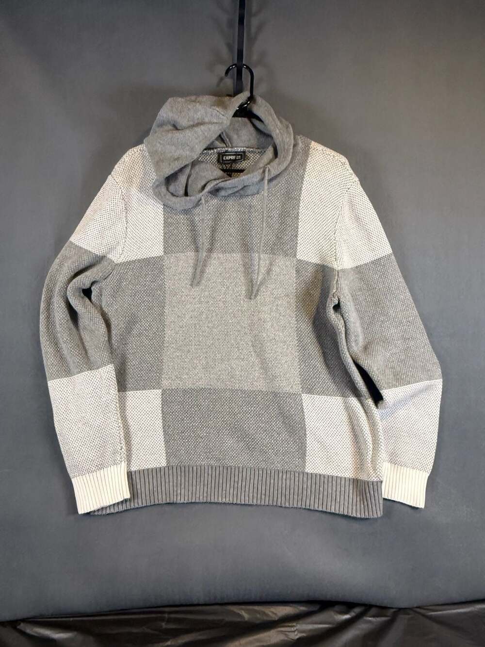 Express Mens Gray White Checkered Knit Cotton Long Sleeve Hoodie Sweater XL